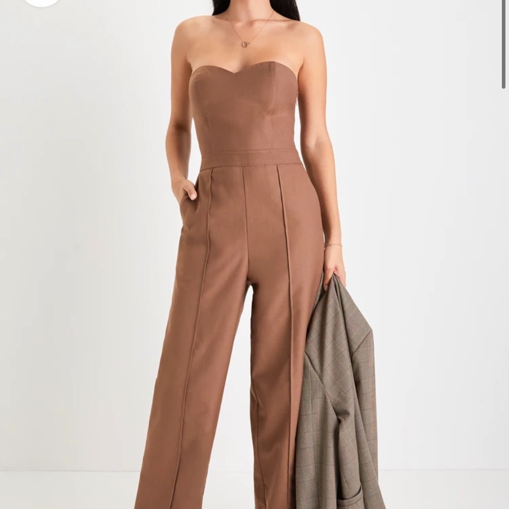Lulu’s Superior Style Brown Strapless Wide-Leg Jumpsuit